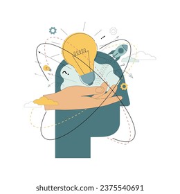 Creative idea concept. Brainstorm. Generation of ideas. Silhouette of a human head with a light bulb in his hand, surrounded by abstract geometric shapes. Vector flat illustration