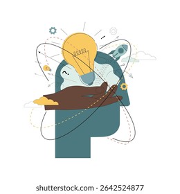 Creative idea concept. Brainstorm. Generation of ideas. Silhouette of a human head with a light bulb in his hand, surrounded by abstract geometric shapes 