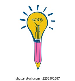 Creative idea concept. Bright glowing light bulb. Innovation, solution. Success in education, work project. Vector illustration sketch style. Cartoon design.