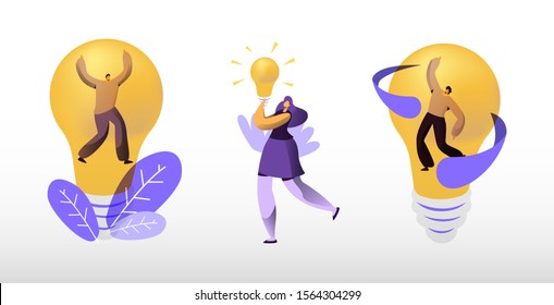 Creative Idea Concept. Business People Stand at Huge Illuminated Light Bulb, Woman Holding Lamp in Hand. Team Searching New Insights for Project Development, Teamwork. Cartoon Flat Vector Illustration