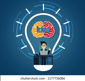 creative idea concept. businessman in workspace sit at the desks with notebook with lightbulb brain icon  decoration over his head one person. leadership. vector illustration