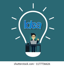 creative idea concept. businessman in workspace sit at the desks with notebook with lightbulb decoration over his head one person. leadership. icon vector illustration