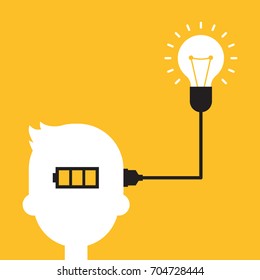 Creative idea concept, charging battery power from brain, vector illustration