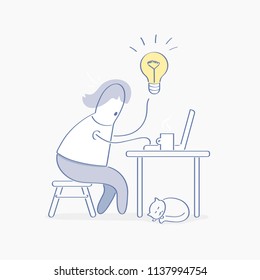 Creative Idea concept, cute funny character typing, working at cozy home office, the inspiration came, new solution to the problem. Freelance, home office illustration concept in light line design.