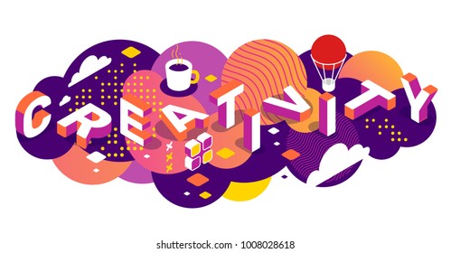 Creative idea concept with decor element. Vector creative horizontal illustration of 3d creativity word lettering typography on bright color background. Isometric template design for business banner