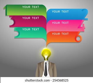 creative idea concept design, bulbs, speech bubbles. text box. businessman