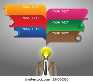 creative idea concept design, bulbs, speech bubbles. text box. businessman