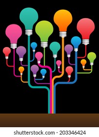 creative idea concept design with tree chart, Colorful bulbs, speech bubbles. 