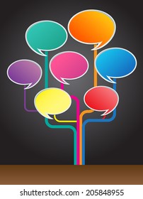 creative idea concept design with tree chart, Colorful bulbs, speech bubbles. 