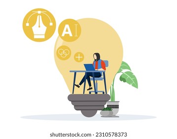 creative idea concept, developing idea or solution for business. Female developer or designer sitting at light bulb with laptop and working on creative project. flat vector illustration.