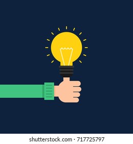 Creative idea concept flat design, thumb up with light bulb, vector illustration