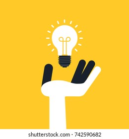 Creative idea concept flat design. Light bulb on human hand, vector illustration