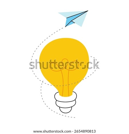 Creative idea concept with glowing light bulb and flying paper plane. Innovation and startup planning. Vector illustration of creativity and learning.