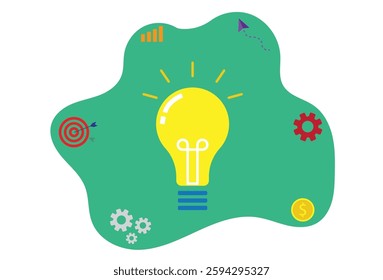 Creative idea concept with a glowing yellow light bulb surrounded by business and innovation icons, including target, gears, graph, and money symbol on a green abstract background