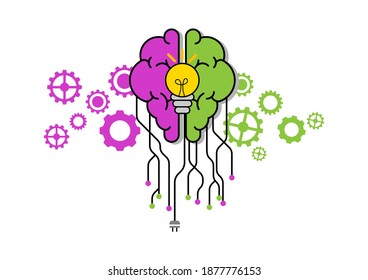Creative and idea concept. Green and purple brain with line and spot and yellow light bulb with gears. Background or banner for design.