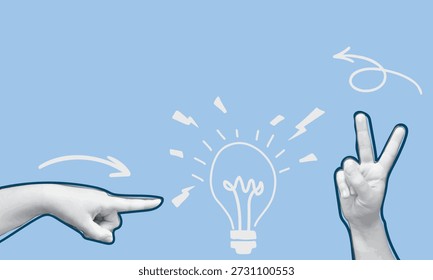 Concepto de Idea Creativa con Gestos de Mano y Símbolo de Bombilla, Comunicación y Inspiración Collage de Vector Mínimo sobre Fondo Azul
