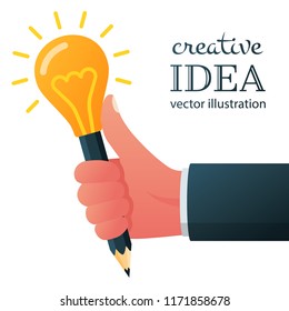 Creative idea concept. Hand holding pencil with bright glowing light bulb. Innovation, solution. Success in education, work project. Vector illustration flat design. Isolated on background.