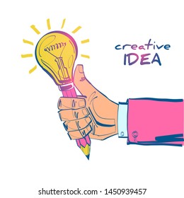 Creative idea concept. Hand holding pencil with bright glowing light bulb. Innovation, solution. Success in education, work project. Vector illustration sketch style. Cartoon design.