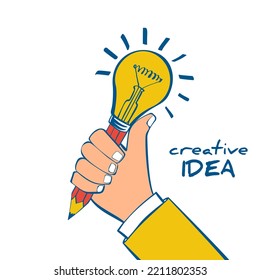 Concepto creativo. Lápiz de mano con bombilla brillante brillante. Innovación, solución. Éxito en educación, proyecto de trabajo. Estilo de esbozo de ilustración vectorial. Diseño de caricaturas.