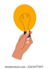 Creative idea concept hand holding light bulb. Problem solution, innovation concept, logo template. Vector illustration isolated on transparent background