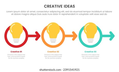 concepto de idea creativa infografía de 3 puntos plantilla de escenario con bombilla de luz sobre flecha de círculo de contorno para presentación de diapositivas