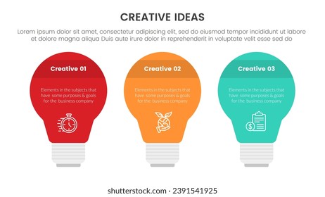 concepto de idea creativa infografía plantilla de 3 puntos de etapa con forma de bombilla horizontal con icono para presentación de diapositivas