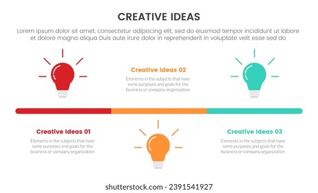 infografía de concepto de idea creativa plantilla de 3 puntos de etapa con escala de tiempo de bombilla de luz hacia arriba y hacia abajo para la presentación de diapositivas