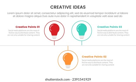 infografía de concepto de idea creativa plantilla de 3 puntos de etapa con bombilla en la línea de tiempo de círculo de contorno para la presentación de diapositivas