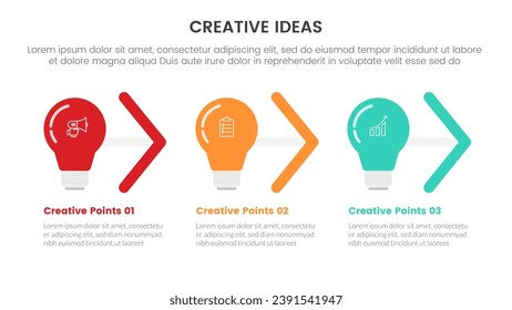 concepto de idea creativa infografía de 3 puntos de plantilla de escenario con bombilla de luz y dirección derecha de flecha para presentación de diapositivas