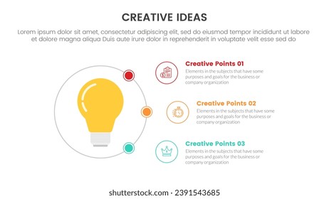 diseño de idea creativa infografía de 3 puntos de plantilla de escenario con bombilla en el ciclo de círculo de contorno para presentación de diapositivas