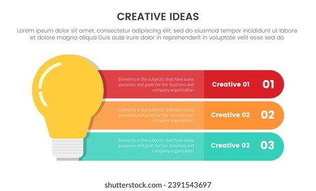 concepto de idea creativa infografía plantilla de 3 puntos de etapa con bombilla de luz y descripción de cuadro de rectángulo redondo para presentación de diapositivas