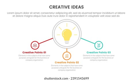 concepto de idea creativa infografía plantilla de 3 puntos de etapa con bombilla en el centro con círculo de conexión de línea para presentación de diapositivas