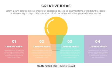 concepto de idea creativa infografía de 4 puntos de plantilla de escenario con bombilla y descripción de caja en la parte inferior para presentación de diapositivas