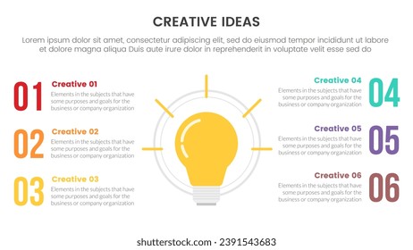 creative idea concept infographic 6 point stage template with lightbulb on center with big number text information for slide presentation