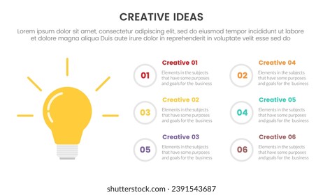 diseño de idea creativa infografía plantilla de 6 puntos de etapa con bombilla en la columna izquierda con descripción de círculo de contorno para presentación de diapositivas