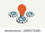 Creative idea concept, light bulb with gear vector 3D isometric icon or illustration, innovation and solution, technology and technics, research and knowledge.