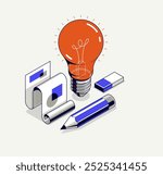 Creative idea concept, light bulb with pencil 3D isometric vector design, engineering project, education and learning, invention and solution concept.