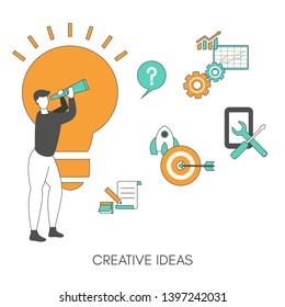 Creative idea concept with light bulb and man. Trendy flat design.