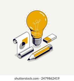 Creative idea concept, light bulb with pencil 3D isometric vector design, engineering project, education and learning, invention and solution concept.