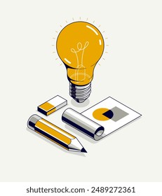 Creative idea concept, light bulb with pencil 3D isometric vector design, engineering project, education and learning, invention and solution concept.