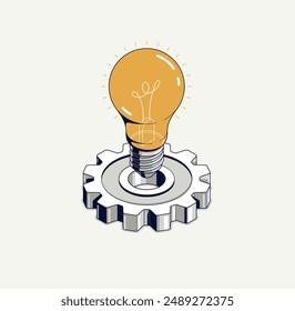 Creative idea concept, light bulb with gear vector 3D isometric icon or illustration, innovation and solution, technology and technics, research and knowledge.