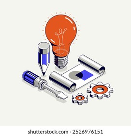 Creative idea concept, light bulb with gear vector 3D isometric icon or illustration, innovation and solution, technology and technics, research and knowledge.