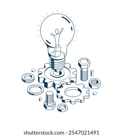 Creative idea concept, light bulb with gear vector 3D isometric icon or illustration, innovation and solution, technology and technics, research and knowledge.