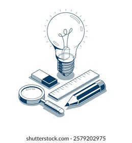 Creative idea concept, light bulb with pencil 3D isometric vector design, engineering project, education and learning, invention and solution concept.