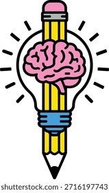Creative idea concept with light bulb and pencil combining with brain. Represents idea generation, drawing skill and innovation.