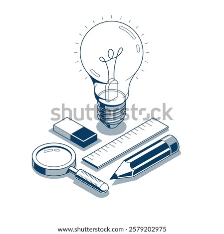 Creative idea concept, light bulb with pencil 3D isometric vector design, engineering project, education and learning, invention and solution concept.