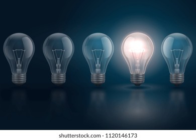 Creative idea concept with light bulbs and one of them is glowing. Leadership, individuality, opportunities business vector background. Innovation idea lightbulb, inspiration power bulb illustration