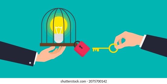 creative idea concept lightbulb in the locked cage and hand with key vector illustration
