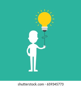 Creative idea concept. Man holding light bulb isolated on green background, vector illustration