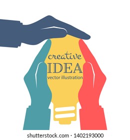 Creative idea concept. Many different multiracial hands holding bright glowing light bulb. Innovation, solution. Teamwork project. Vector illustration flat design. Isolated on background.